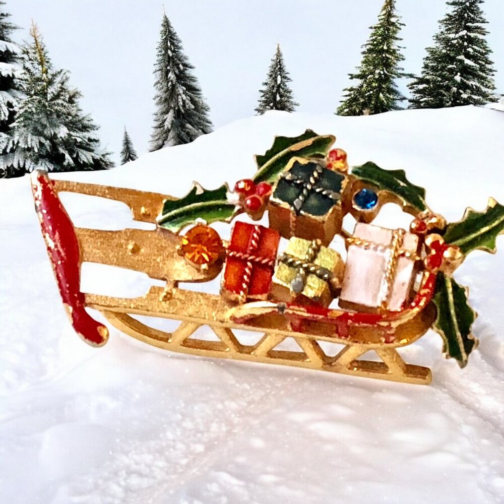 Weiss Christmas Sled Brooch Pin Rhinestones Enamel Gifts GoldTone Vintage Signed